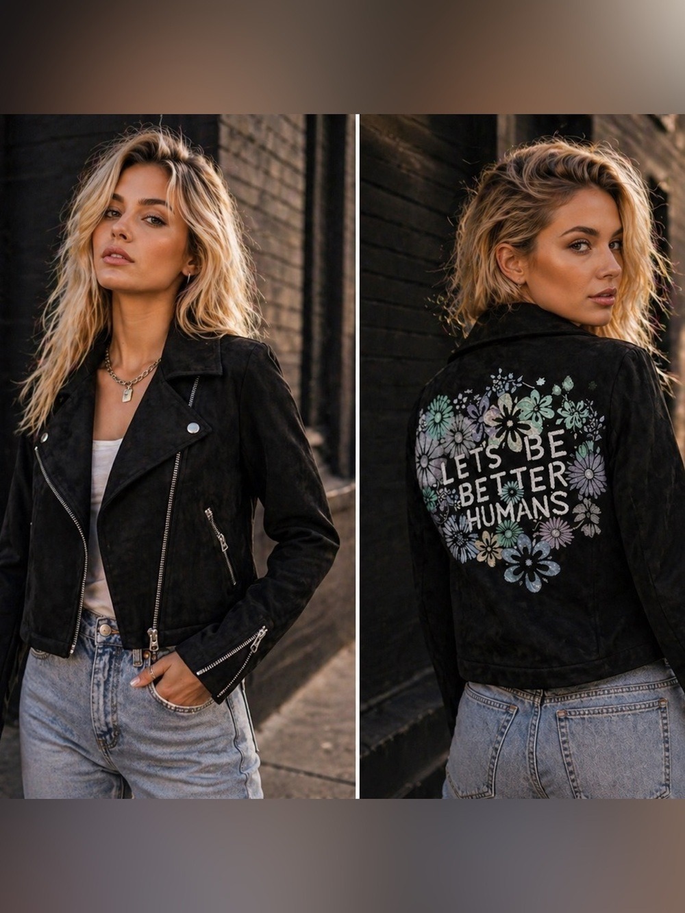 Silence + Noise Black Faux Suede Moto Jacket “Let’s Be Better Humans”